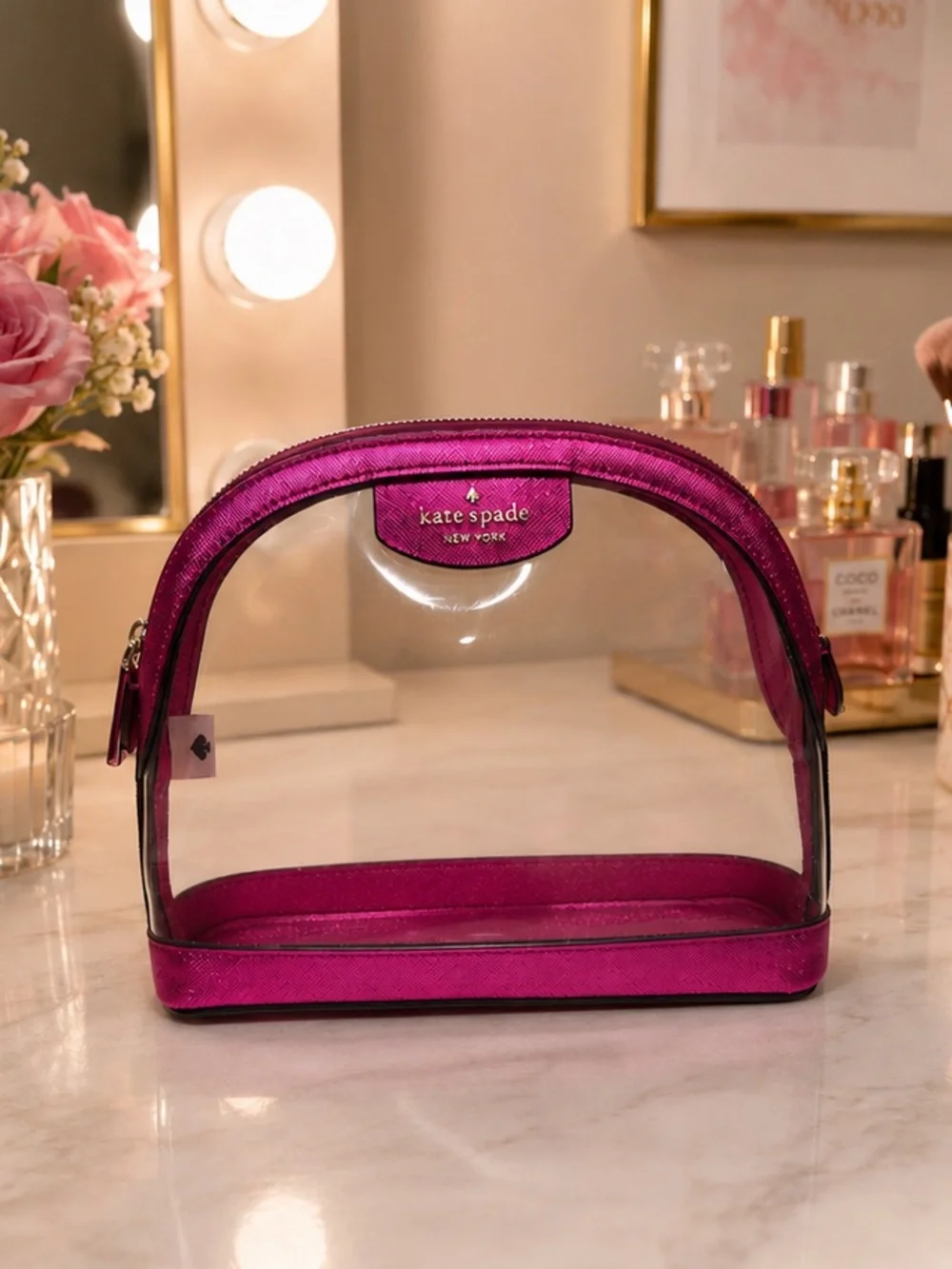 Kate Spade Clear Cosmetic Pouch with Metallic Fuchsia Trim